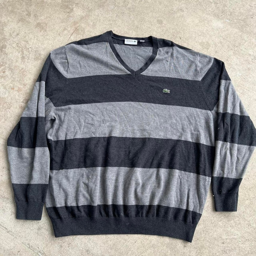Y2K 2000s striped Lacoste v-neck embroidered logo sweater Size XL